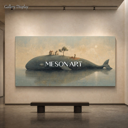 Surrealist Whale Island Painting For Modern Living Room And Bedroom Decor With Soft Moonlight Fantasy Theme