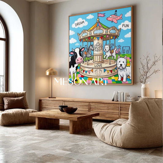 Whimsical Carousel Animal Painting For Kids Room Wall Art With Love And Dream Themes