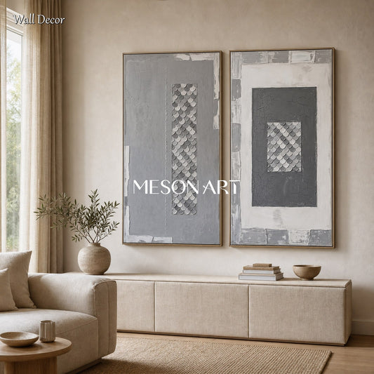 Large Gray White Textured Wall Art Diptych Abstract Geometric Painting For Living Room