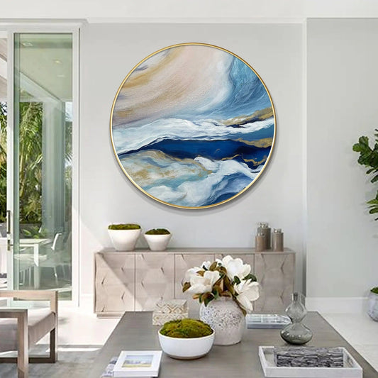 Round Abstract Blue Sea Painting