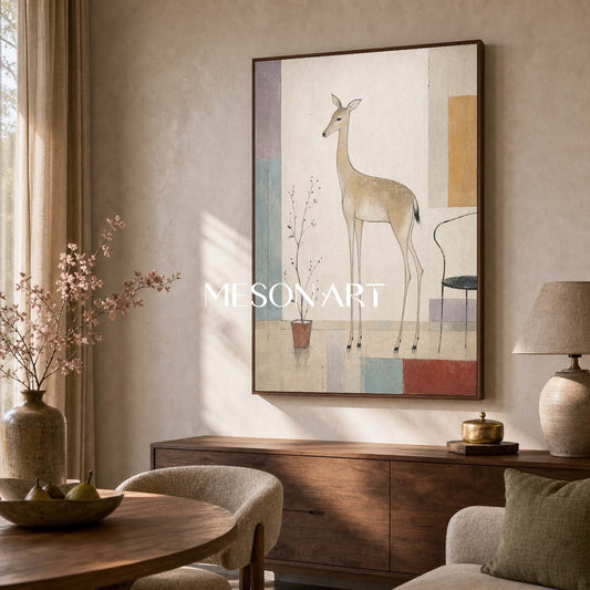 Minimalist Deer Painting With Geometric Shapes For Modern Living Room And Bedroom Decor