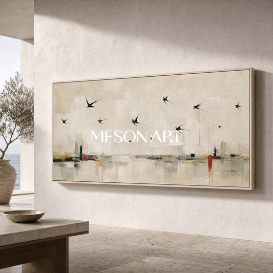 Minimalist Swallow Canvas Art Abstract Beige Painting For Modern Living Room Decor
