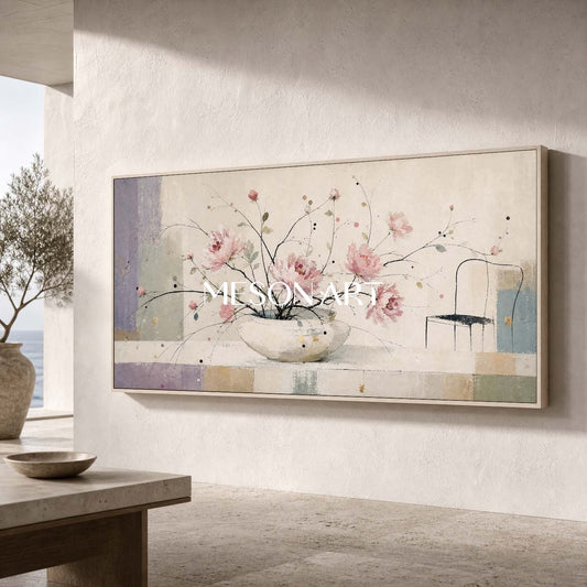 Minimalist Pink Floral Art Print For Modern Living Room Decor With Soft Beige Tones