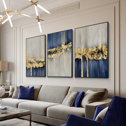 3 pieces Blue And Gold Modern Abstract Oil Painting
