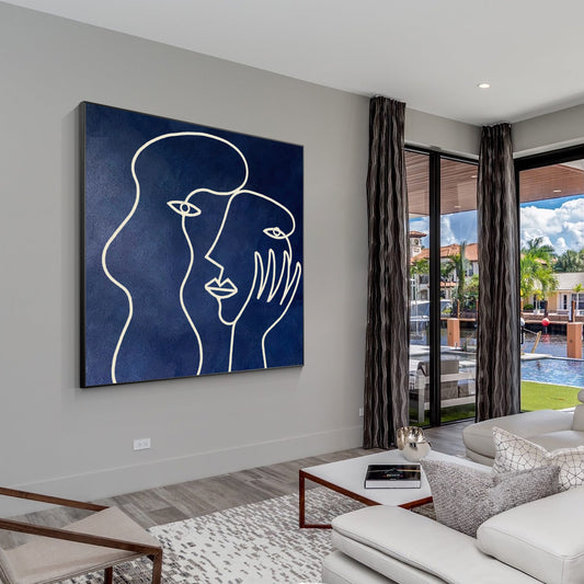 Picasso One Line Art - Navy Blue Minimalist Canvas Painting