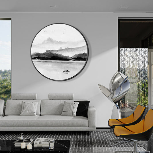 Black and White Mountain and Lake Painting Round Wall Art