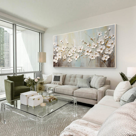 White Flowers Gold leaf Texture Wall Art