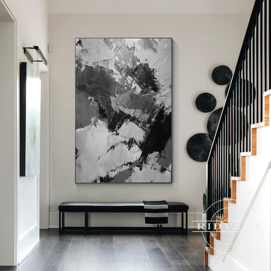 Black Gray White Abstract Textured Painting on Canvas