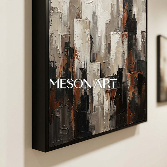 Abstract City Skyline Plaster Art With Thick Textured Relief For Industrial Loft Living Room