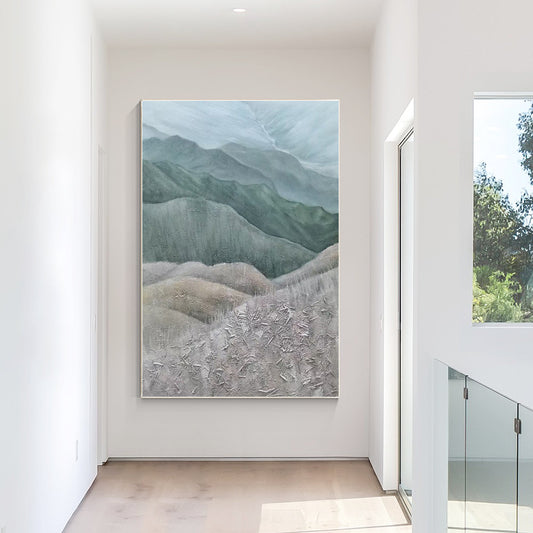 Gray Green Mountains Textured Vertical Wall Art