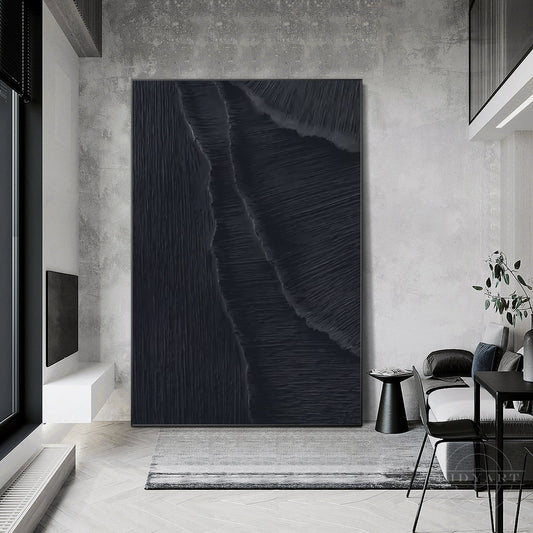 Matte Black 3D Texture Sea Waves Original Canvas Vertical Art