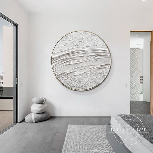 White Minimalist 3D Thick Texture Round Wall Art Framed