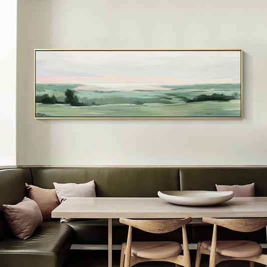Peaceful Green Landscape Oil Painting Long Horizontal Art