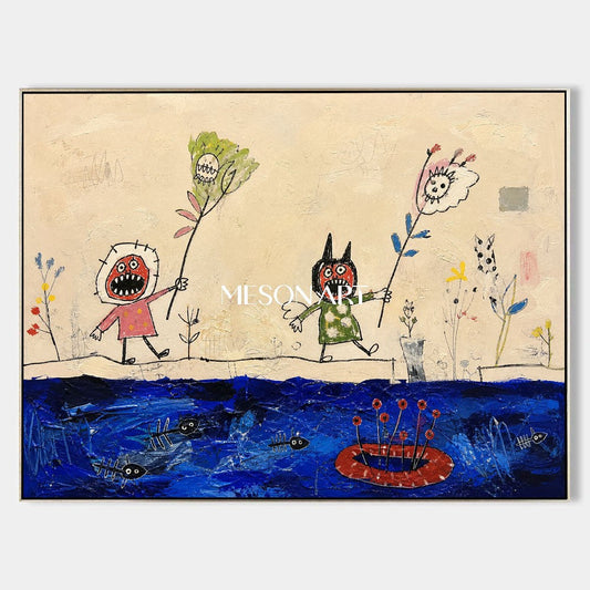 Original Expressionist Figurative Painting With Textured Blue Beige For Modern Living Room