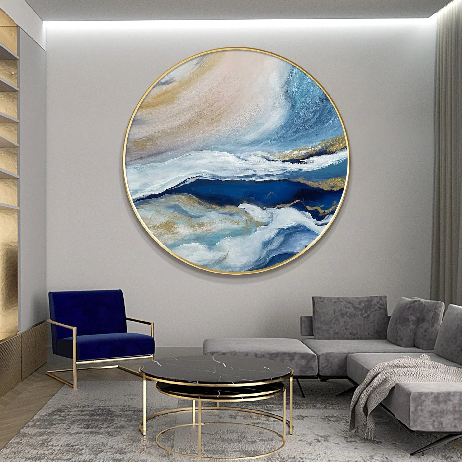 Round Abstract Blue Sea Painting