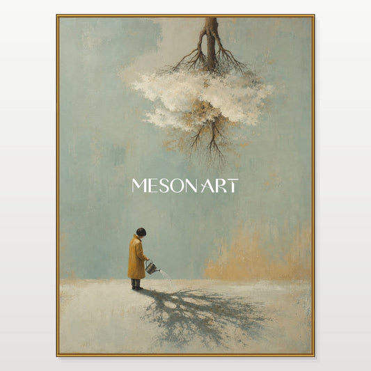 Minimalist Surreal Oil Painting With Inverted Tree For Modern Living Room Or Executive Office Decor