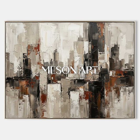 Abstract City Painting With Plaster Texture For Modern Living Room And Office Decor