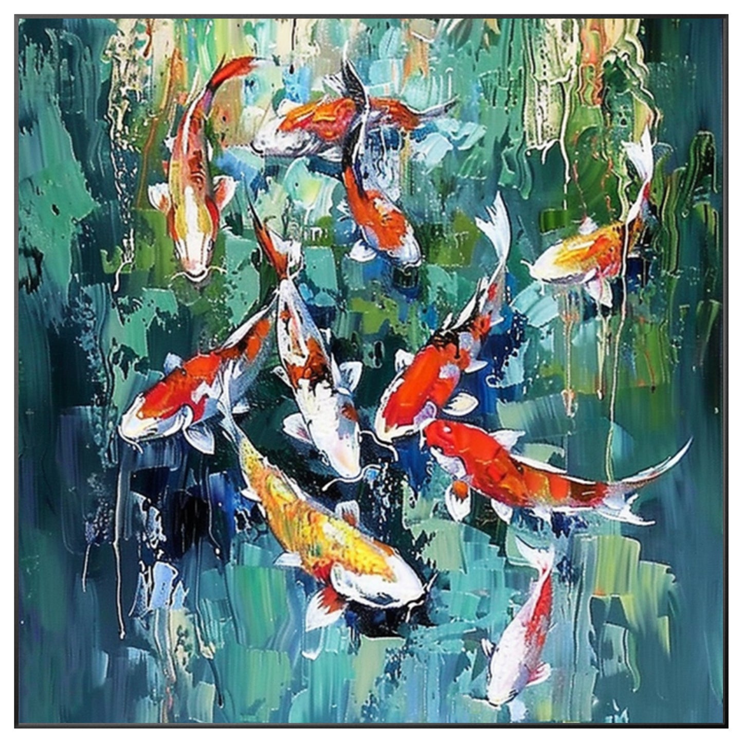 Original Koi Fish Painting - Feng Shui Square Green Wall Art
