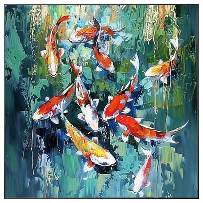 Original Koi Fish Painting - Feng Shui Square Green Wall Art