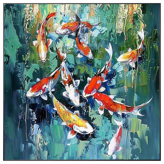 Original Koi Fish Painting - Feng Shui Square Green Wall Art