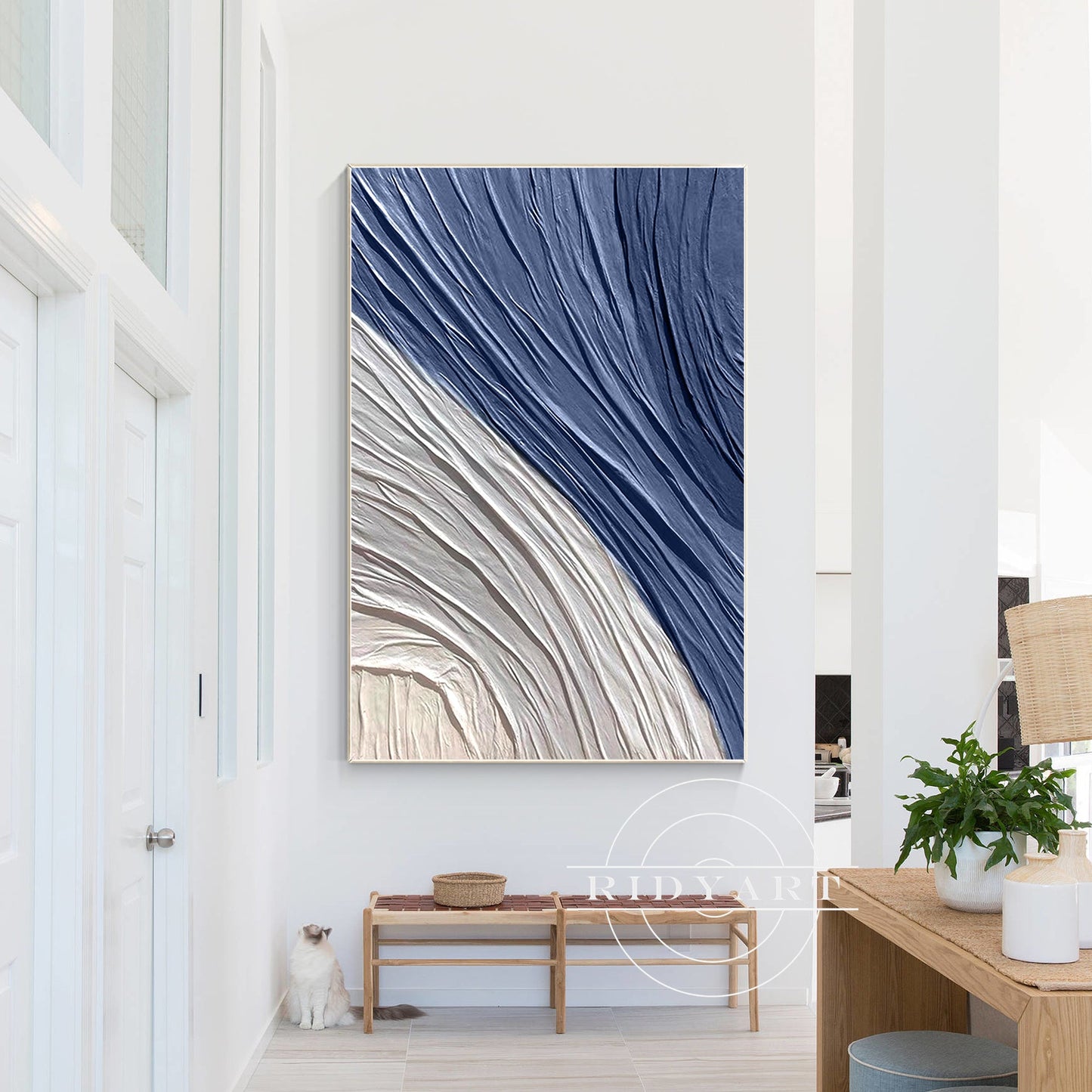Minimalist Navy Blue Gray 3D Texture Plaster Wall Art