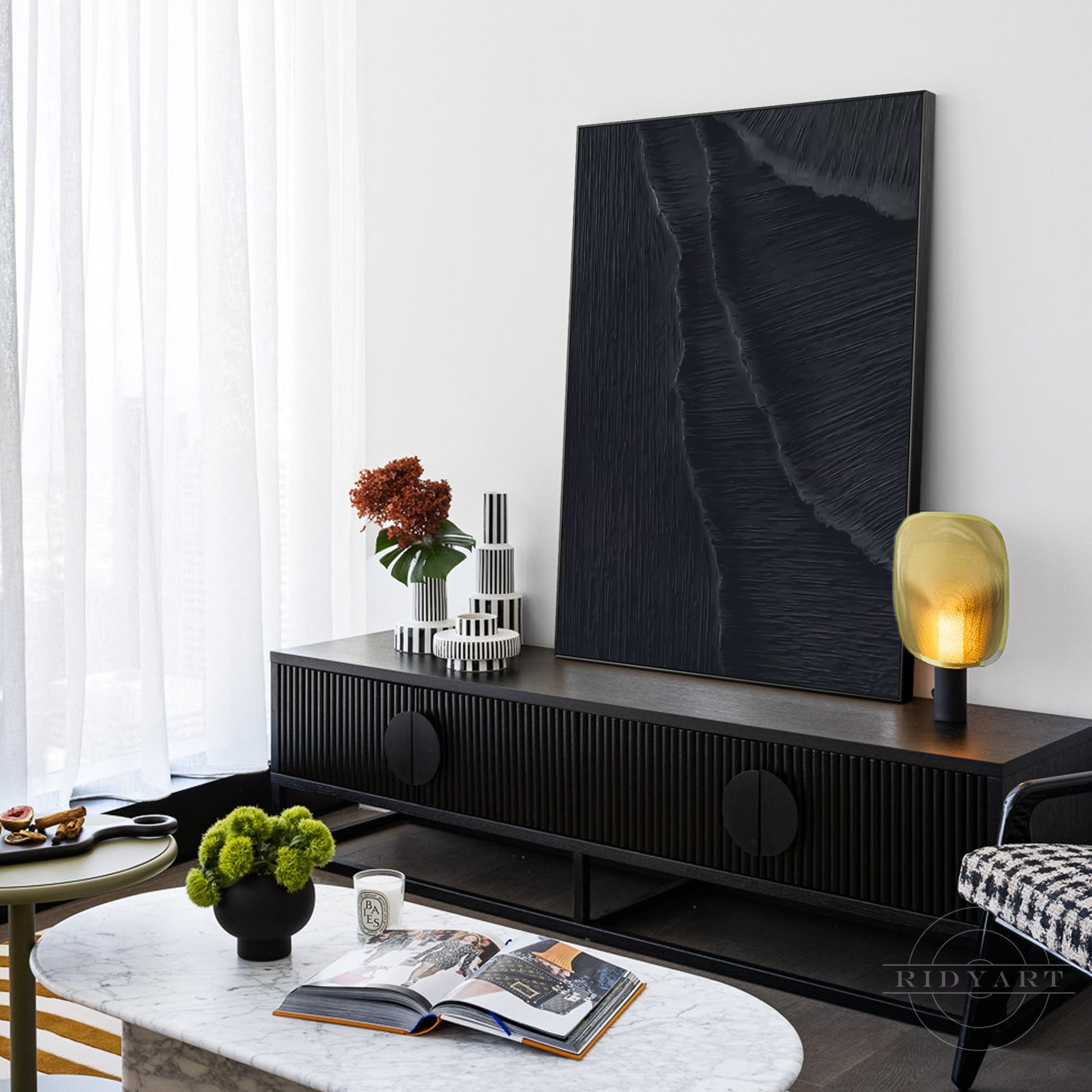 Matte Black 3D Texture Sea Waves Original Canvas Vertical Art
