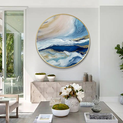 Round Abstract Blue Sea Painting