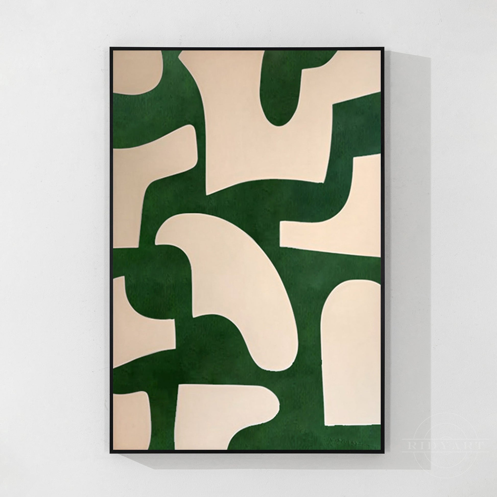 Beige Emerald Green Abstract Art Vertical Organic Shape
