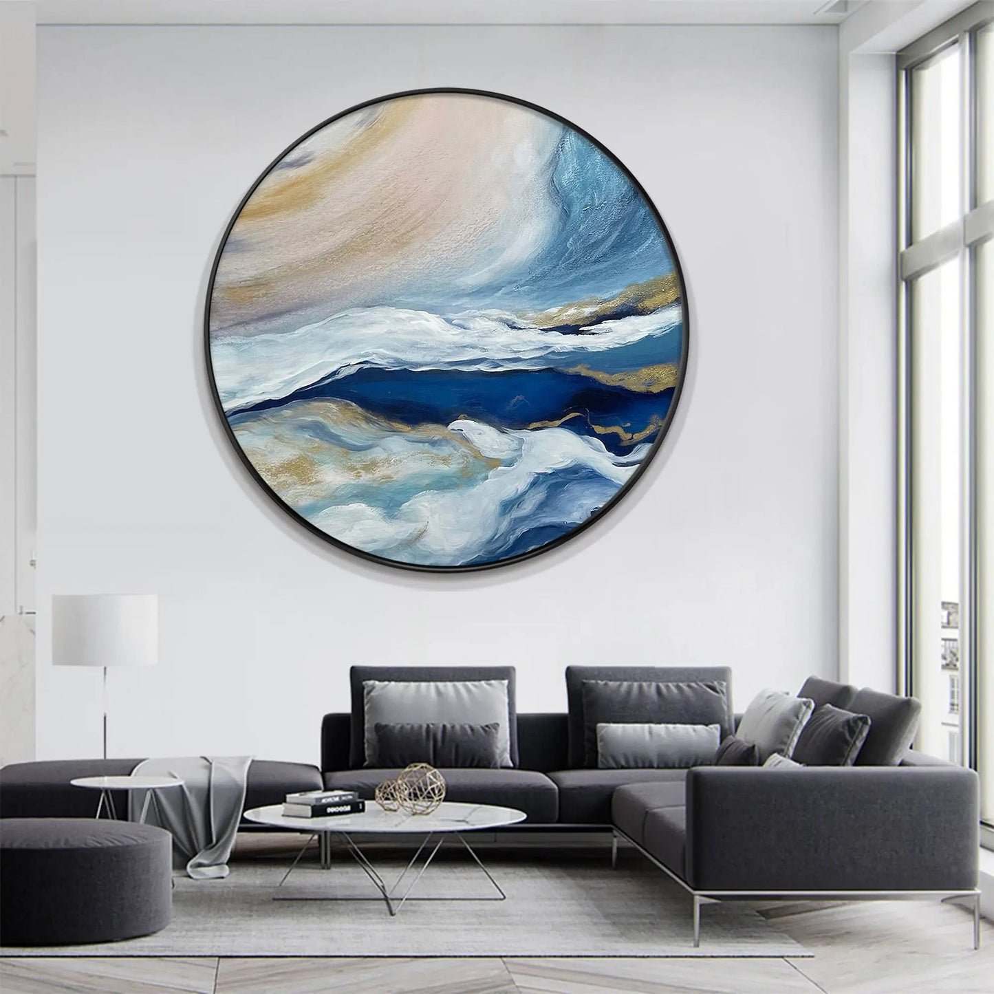 Round Abstract Blue Sea Painting