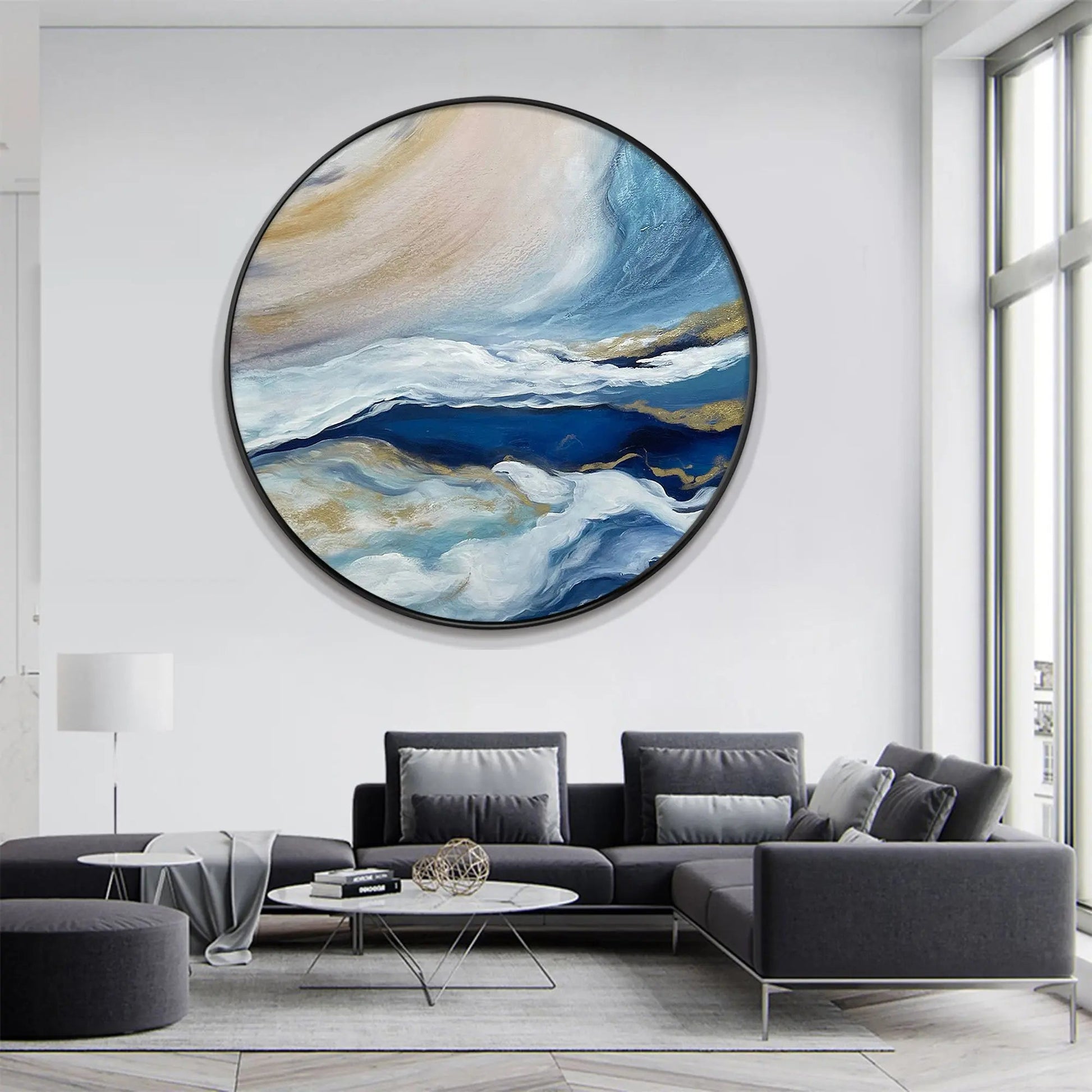 Round Abstract Blue Sea Painting