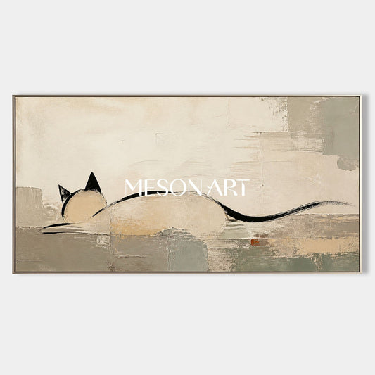Minimalist Cat Wall Art Large Abstract Painting Beige Black Tones For Modern Living Room Decor
