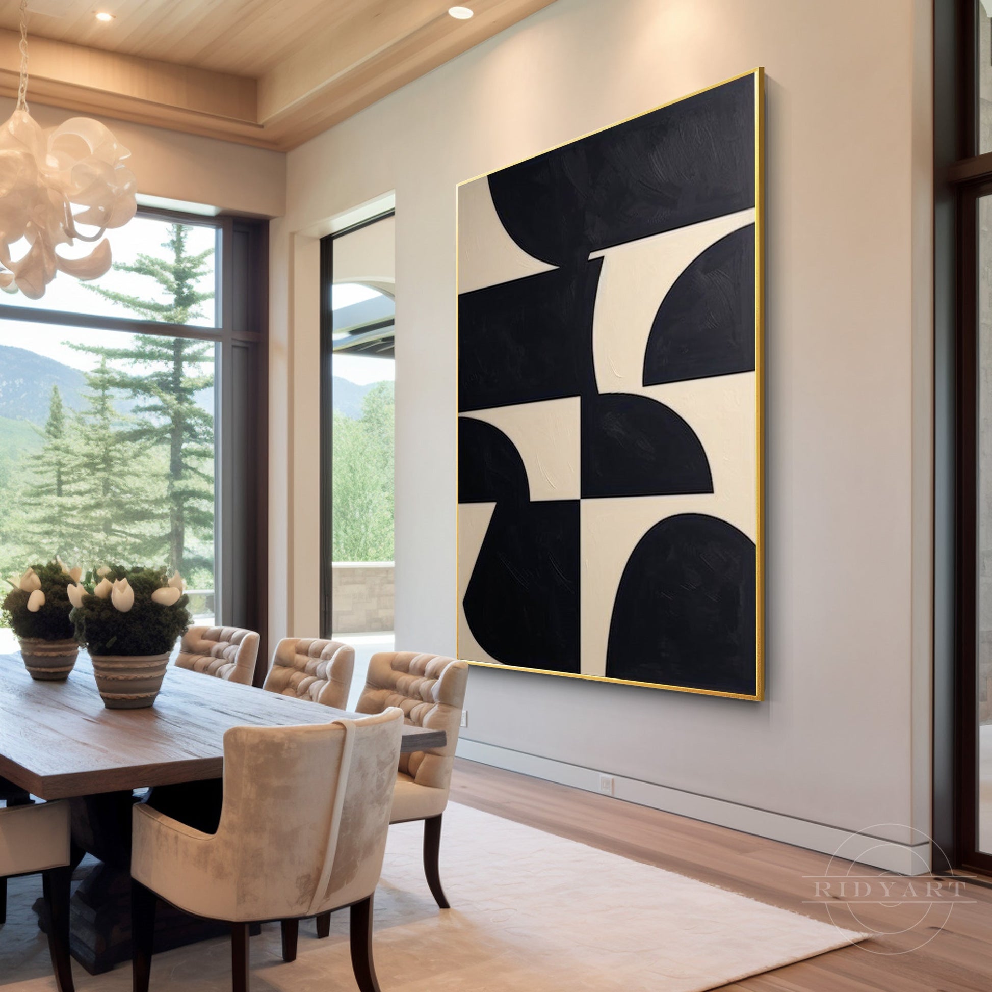 Black Beige Geometric Texture Art Organic Shape Canvas Wall