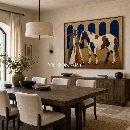 Cowboy And Horse Painting With Impasto Texture For Farmhouse Living Room Decor