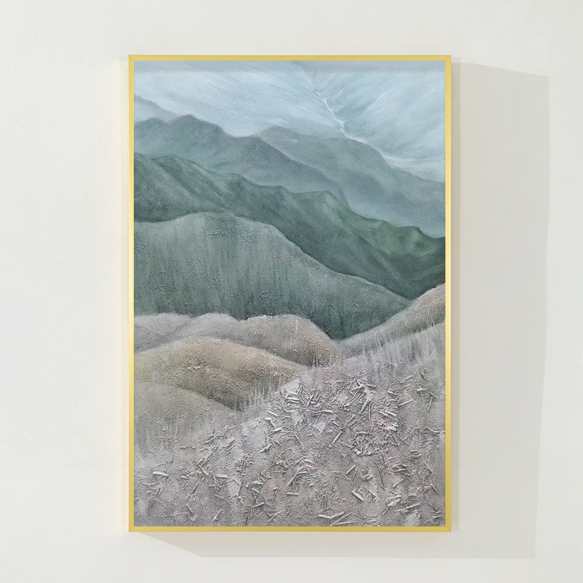 Gray Green Mountains Textured Vertical Wall Art