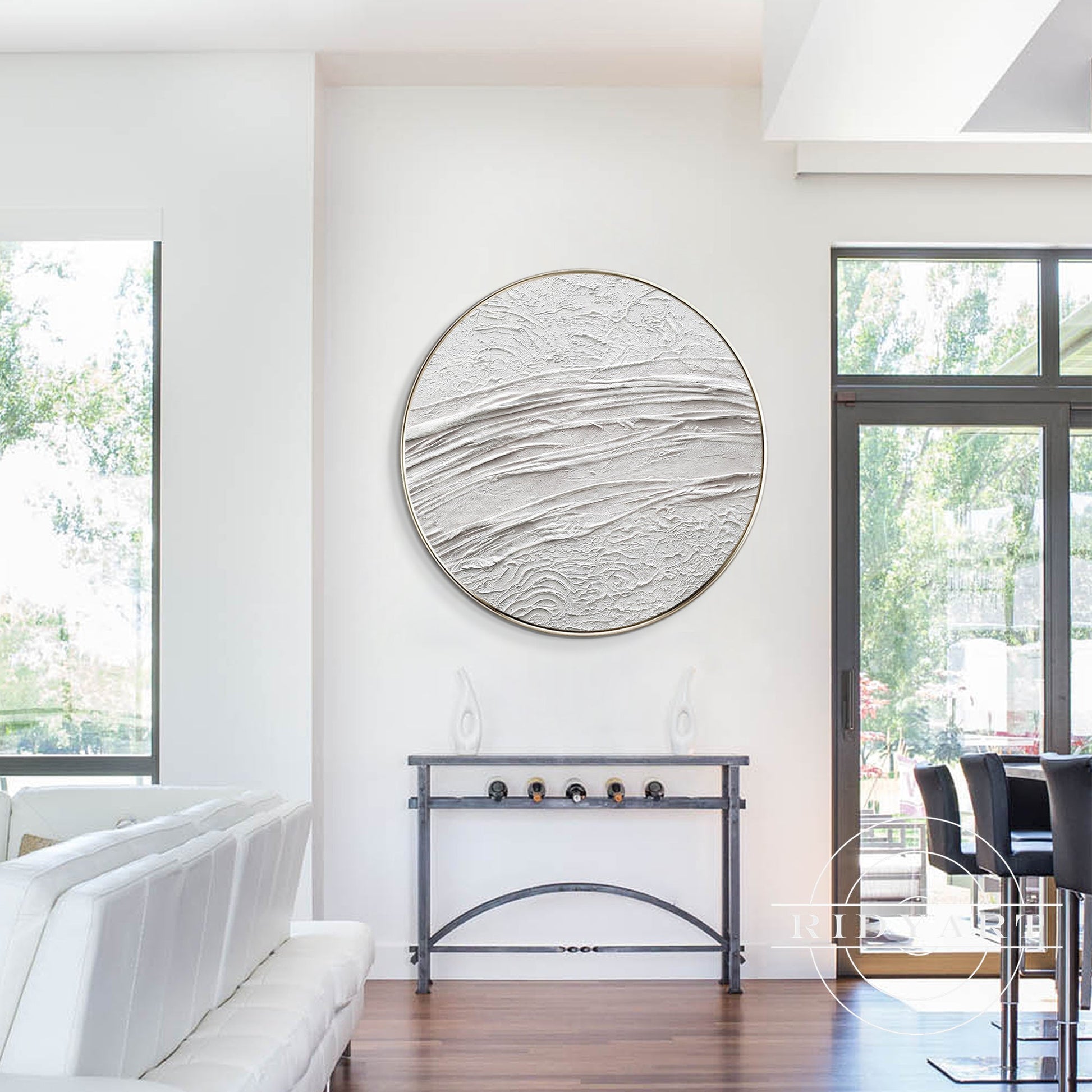 White Minimalist 3D Thick Texture Round Wall Art Framed