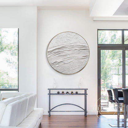 White Minimalist 3D Thick Texture Round Wall Art Framed