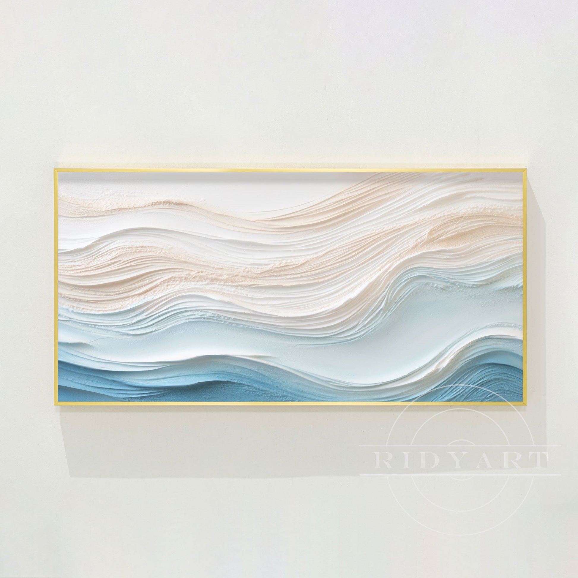 Blue Beige Abstract Ocean Waves - 3D Textured Art