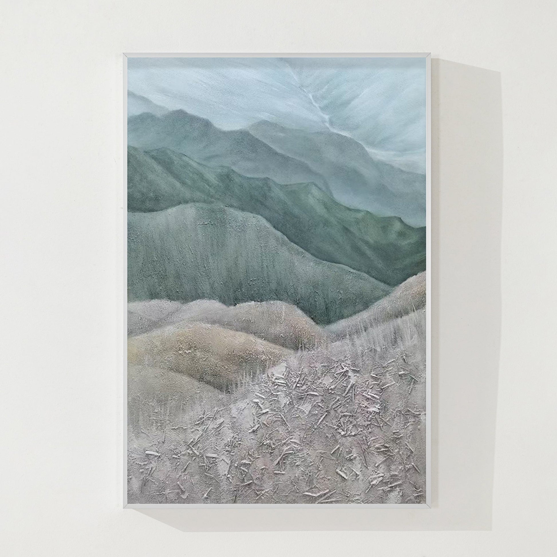 Gray Green Mountains Textured Vertical Wall Art