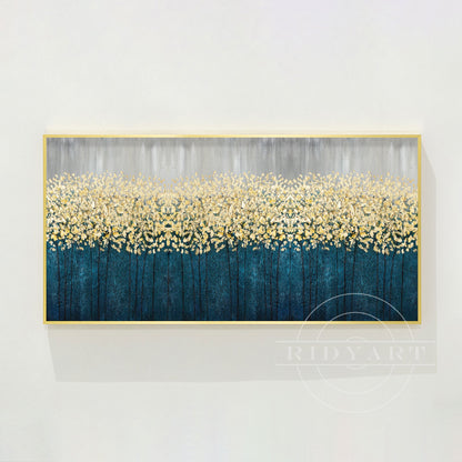 Gold Flowers Abstract Painting - 3D Teal Blue Large Wall Art