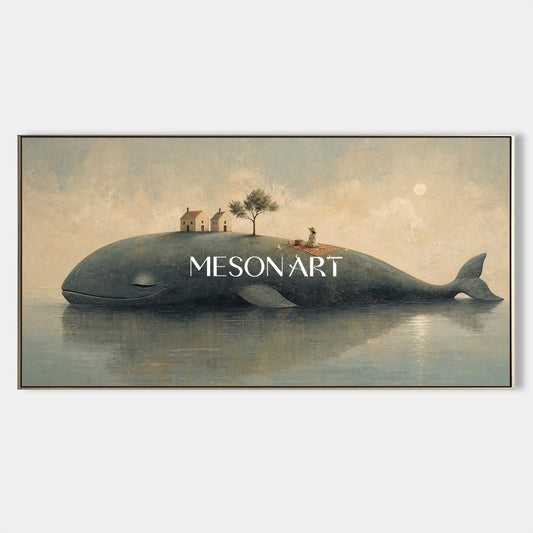 Surrealist Whale Island Painting For Modern Living Room And Bedroom Decor With Soft Moonlight Fantasy Theme
