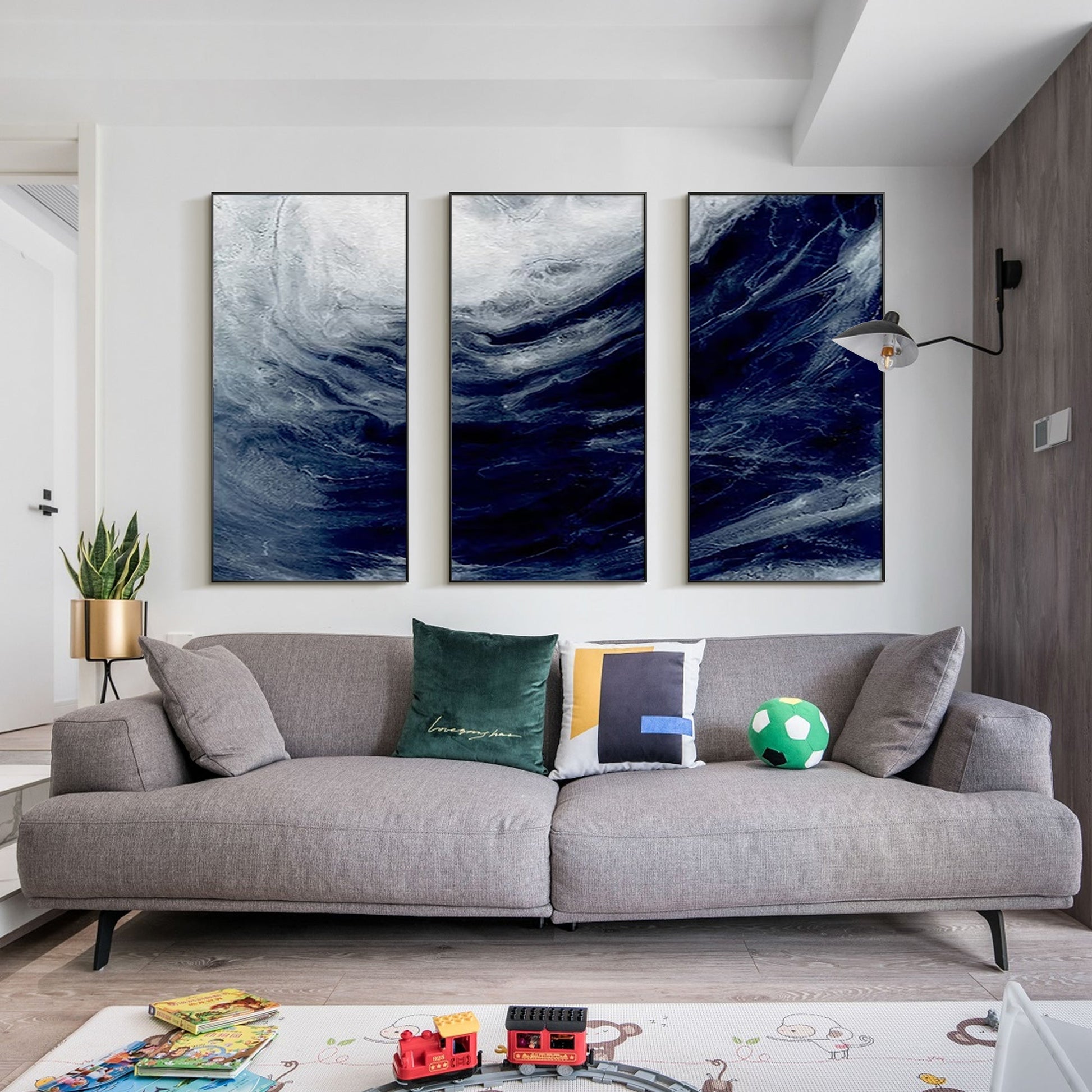 Set of 3 Ocean Painting Navy Blue Art