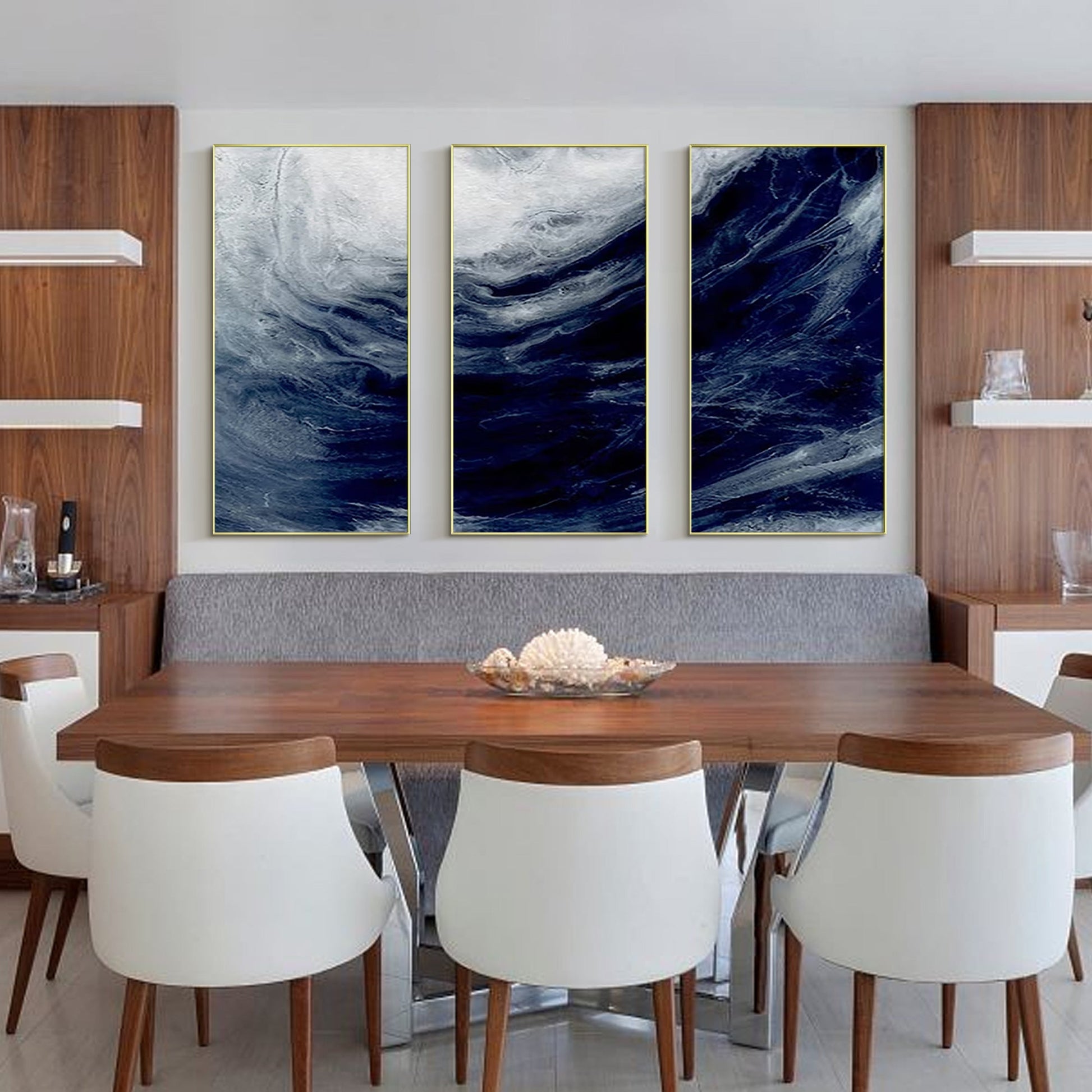 Set of 3 Ocean Painting Navy Blue Art