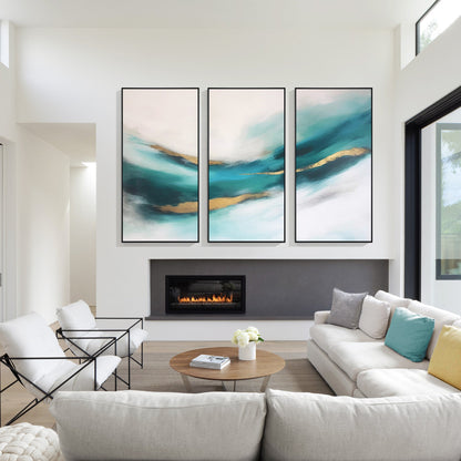 3 Pieces Teal Blue Art Watercolor Oil Painting