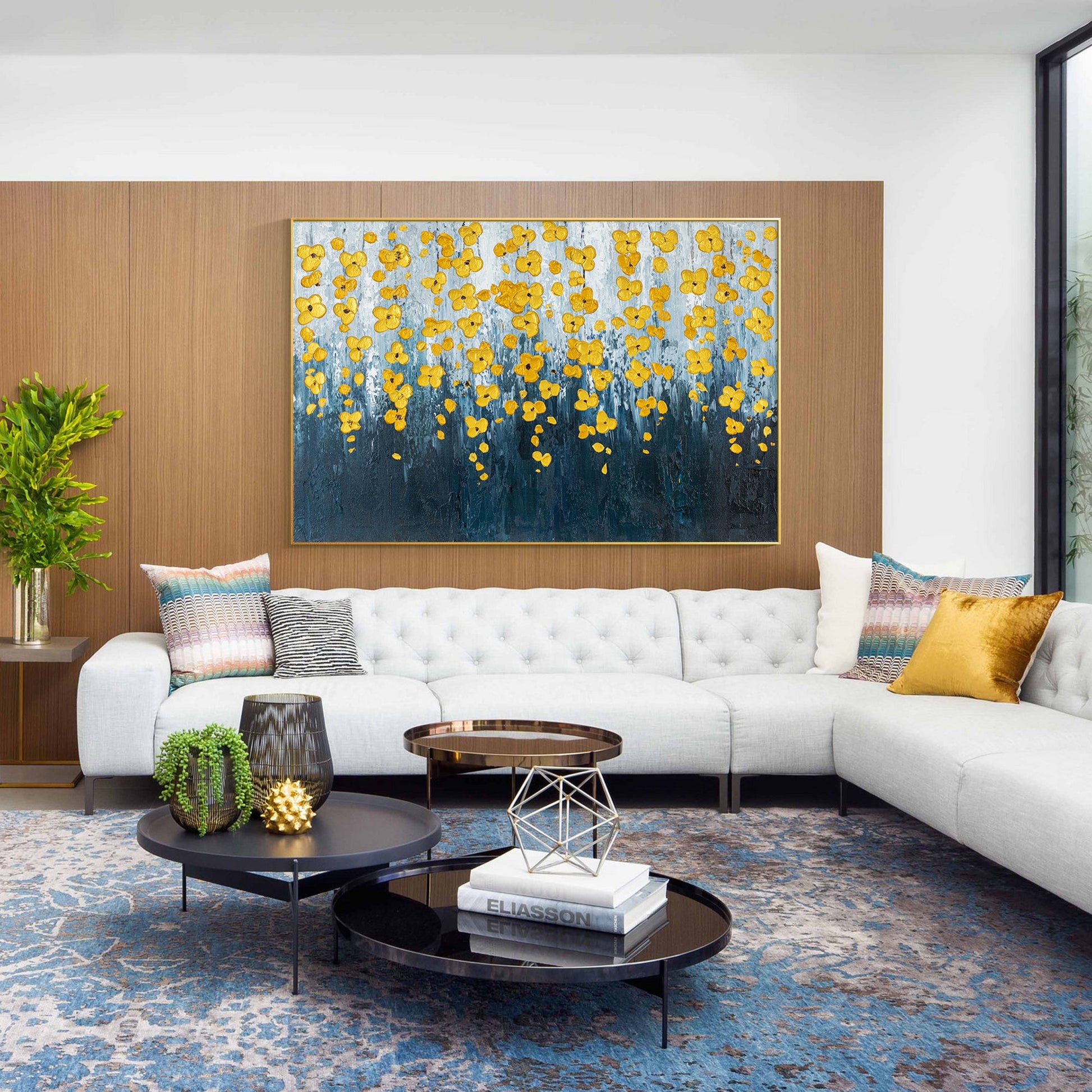 Navy Blue Gold Flower Art_01