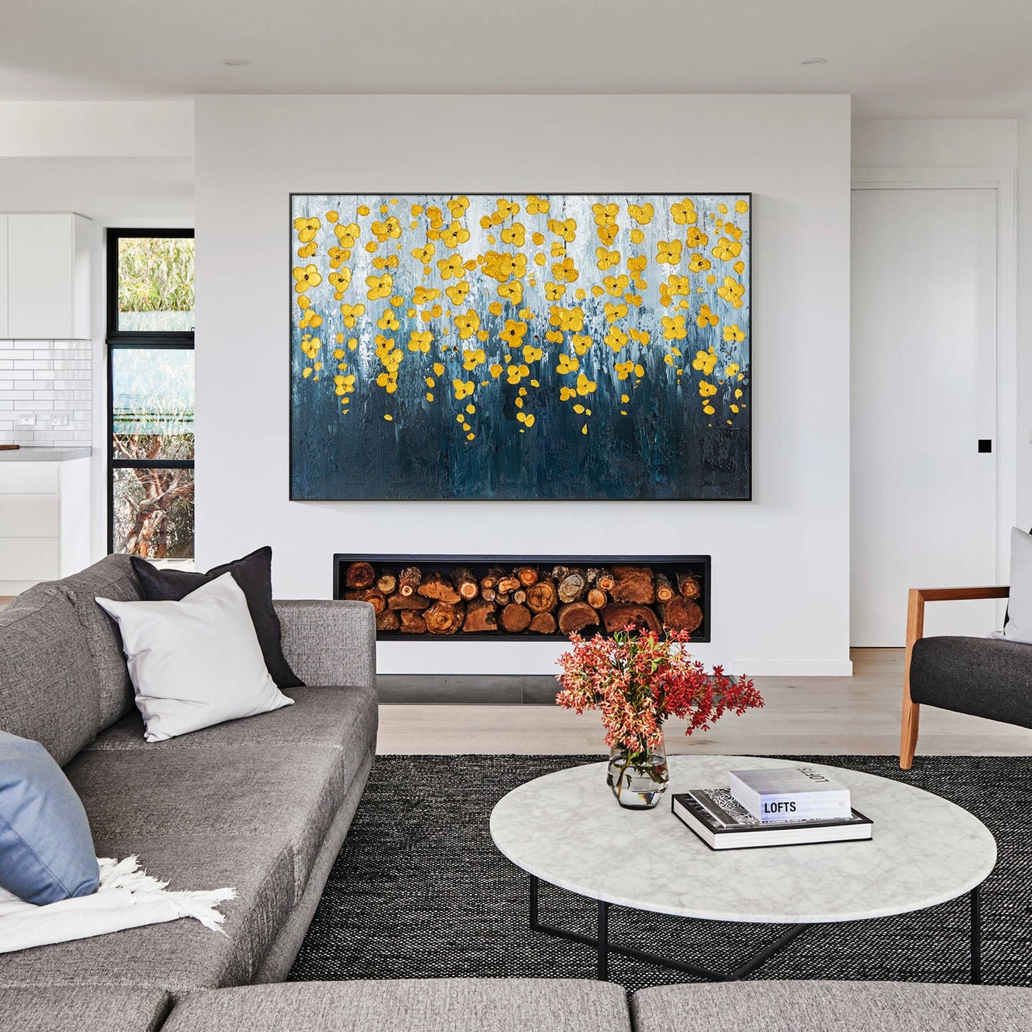 Navy Blue Gold Flower Art_01
