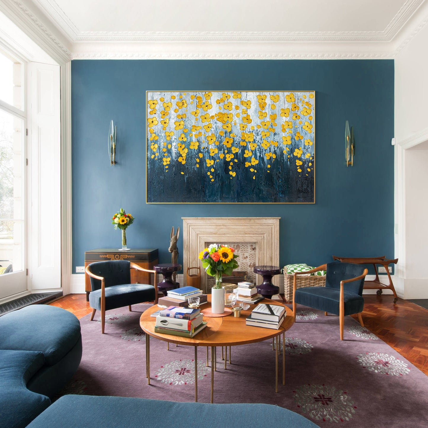 Navy Blue Gold Flower Art_01