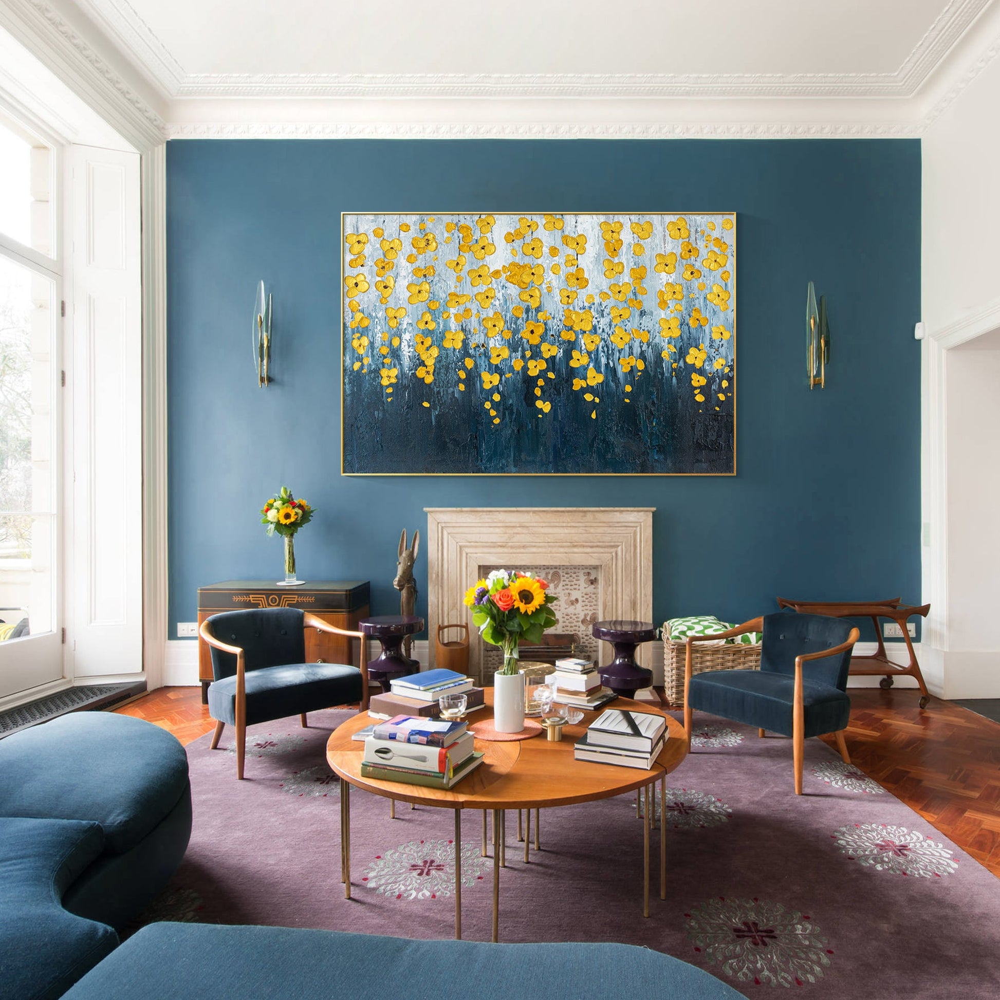 Navy Blue Gold Flower Art_01