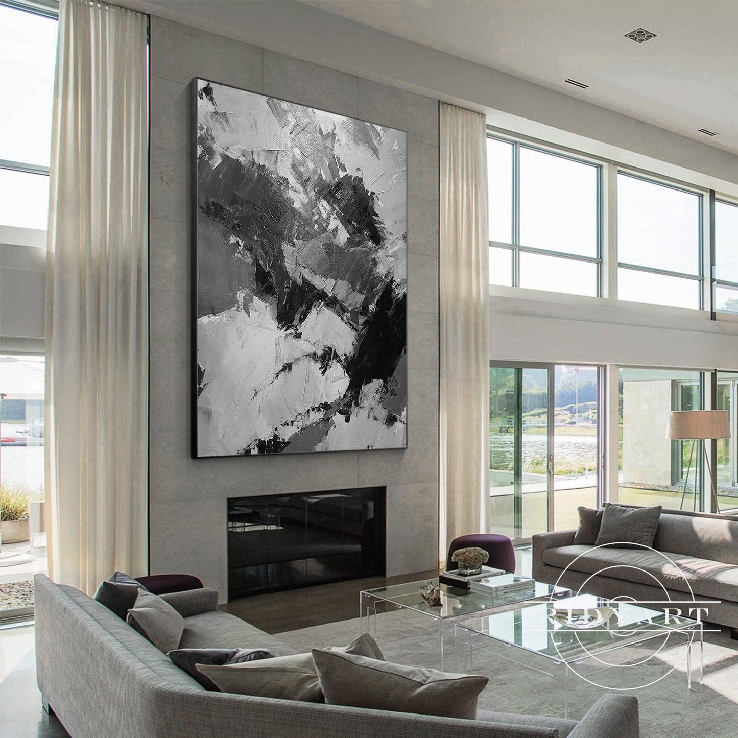 Black Gray White Abstract Textured Painting on Canvas