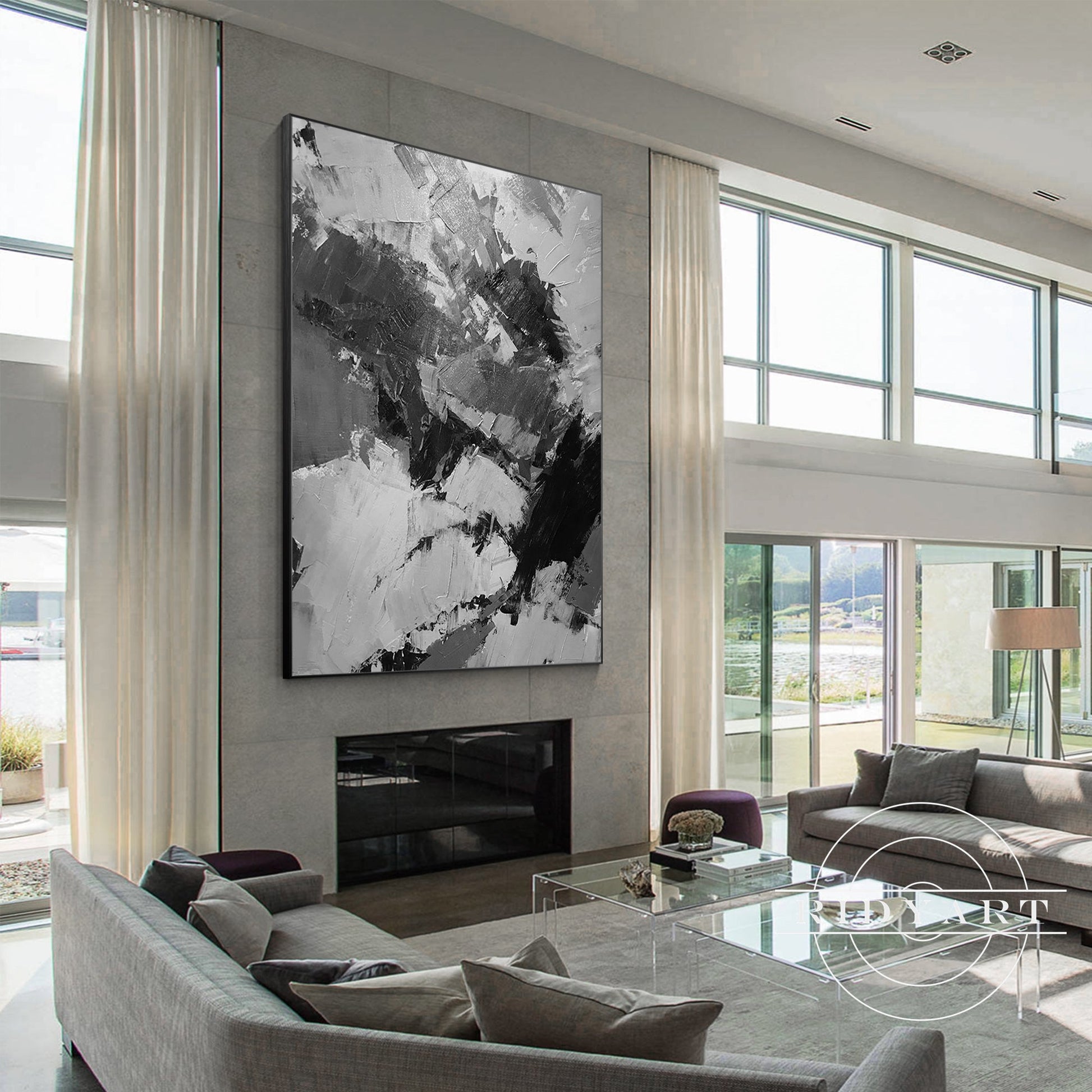Black Gray White Abstract Textured Painting on Canvas