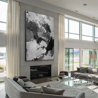 Black Gray White Abstract Textured Painting on Canvas